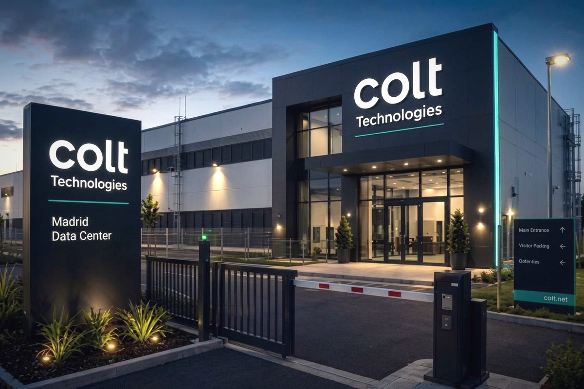 Colt data centre exterior at dusk with illuminated building signage